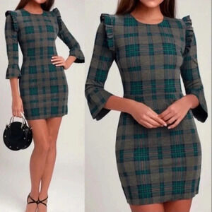 J.O.A. Roseanna Grey/Teal Plaid Flounce Sleeve Mini Short Dress Twee Ruffles